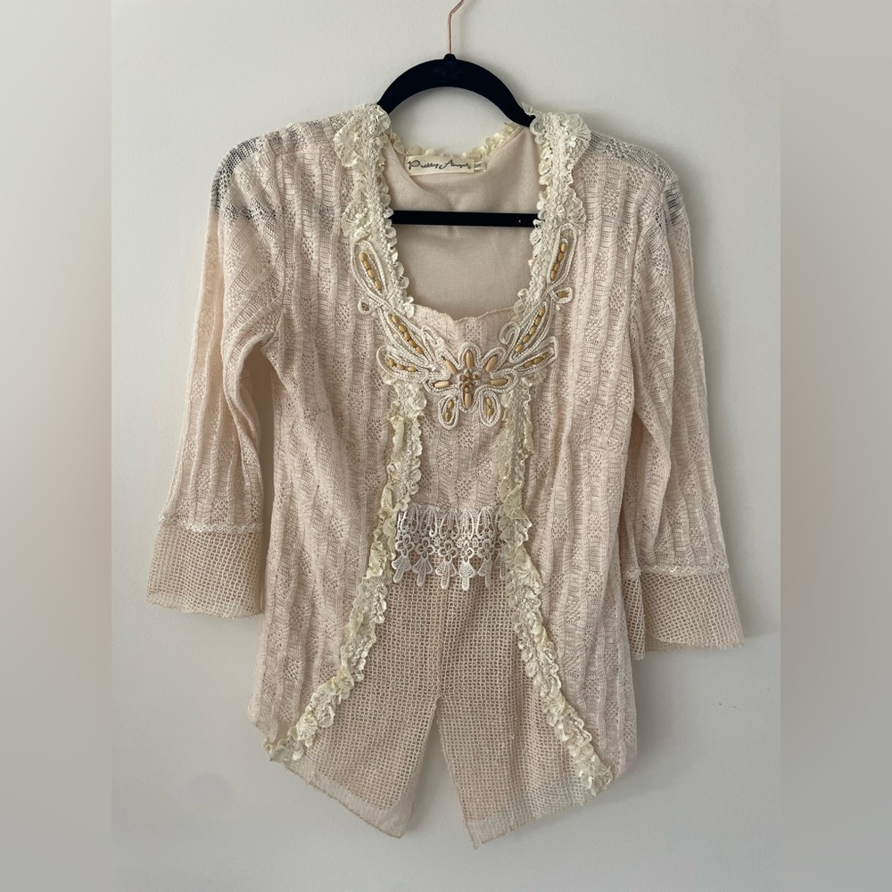 Pretty Angel Cream Linen Blend VTG Boho Fairy Coastal Cottage Women’s Top Medium
